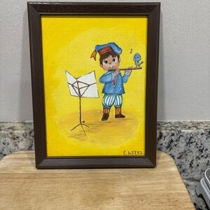 Framed Canvas Painting Small Signed E Weeks Boy Playing Flute 8.5” X 6.5”